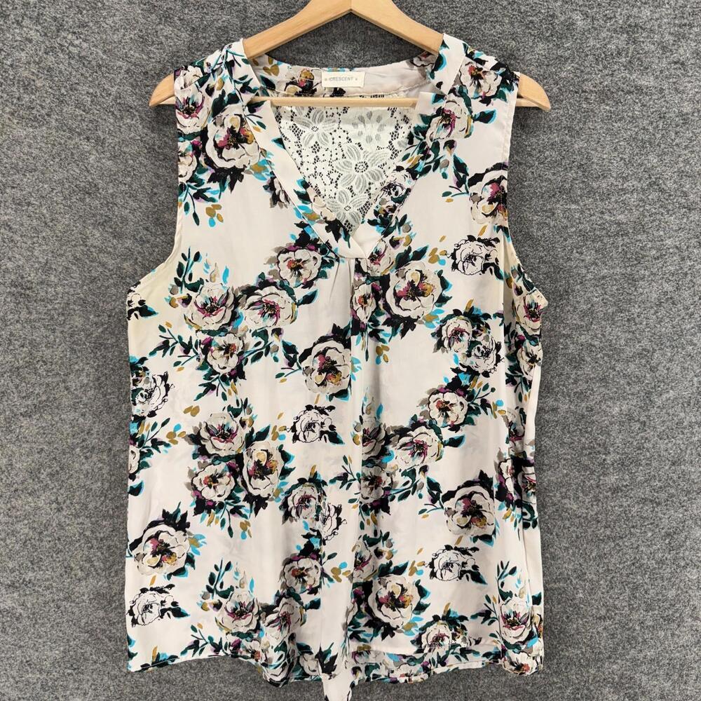 Crescent Blouse Women 2XL White Floral V-Neck Sleeveless Wide Strap Casual